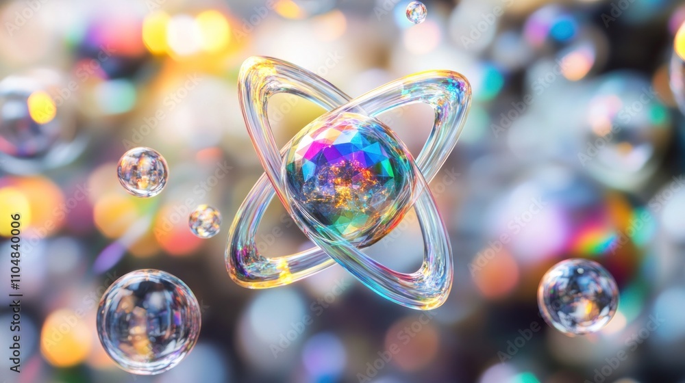 Poster a colorful atom surrounded by bubbles, representing science and innovation.