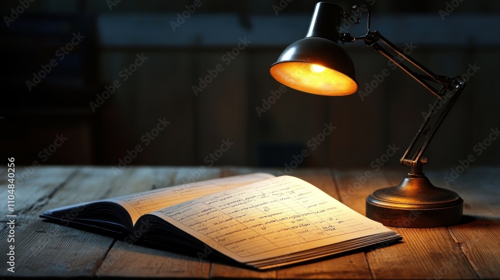 Poster a notebook illuminated by a desk lamp on a wooden surface, suggesting study or reflection.
