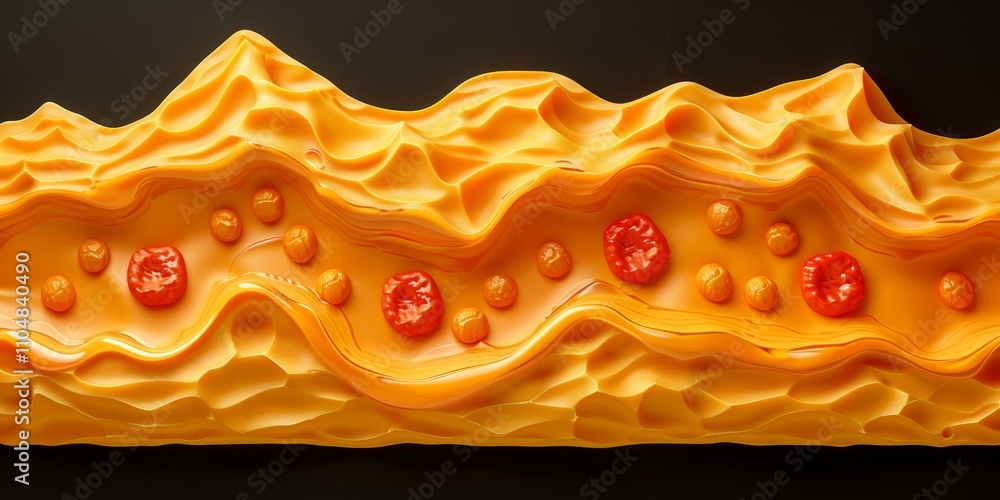 Poster unique creation of vibrant cheese-like material with distinct shapes and textures resembling a culin