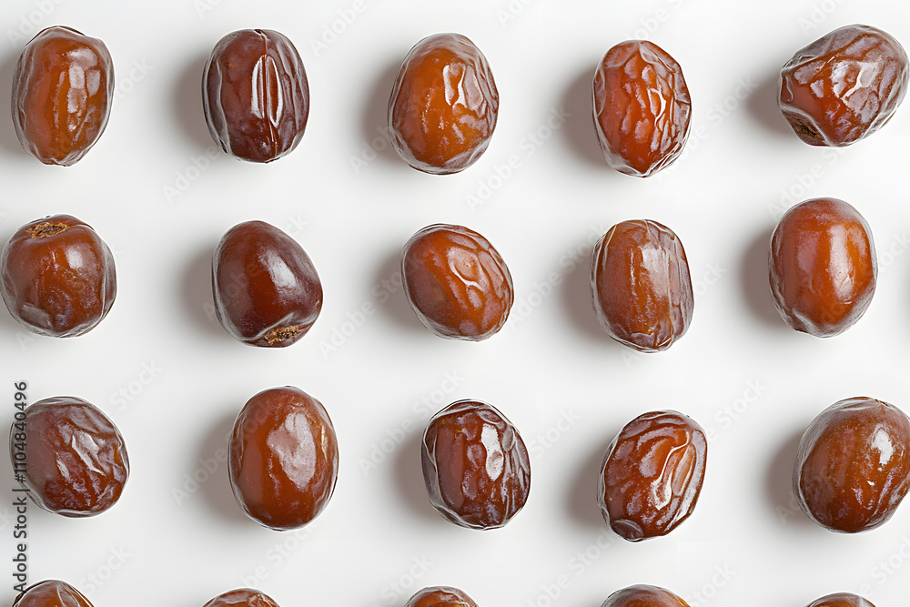 Poster a flat lay of dates arranged in a grid pattern on a white background.