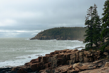 coastal maine on foggy day acadia national park waves crashing on the beach pine forests on the atlantic ocean rocky coastal shores