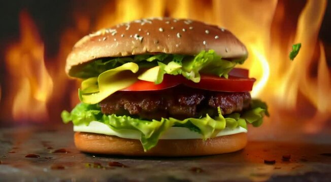 hamburger on a wooden table with flame background video
