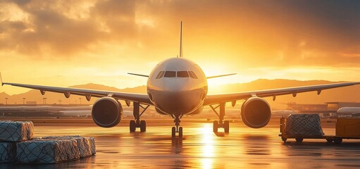 Commercial Airplane at Airport During Sunset with Cargo Loading and Unloading for Global Logistics