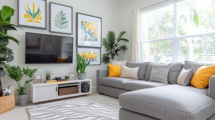 Modern Living Room Interior Design Gray Sectional Sofa Yellow Pillows Wall Art