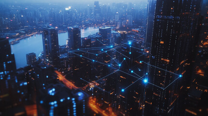 Fototapeta premium Smart digital city with connection cyber security network reciprocity over the twilight cityscape.future wireless digital city and social media networking systems that connects people within the city