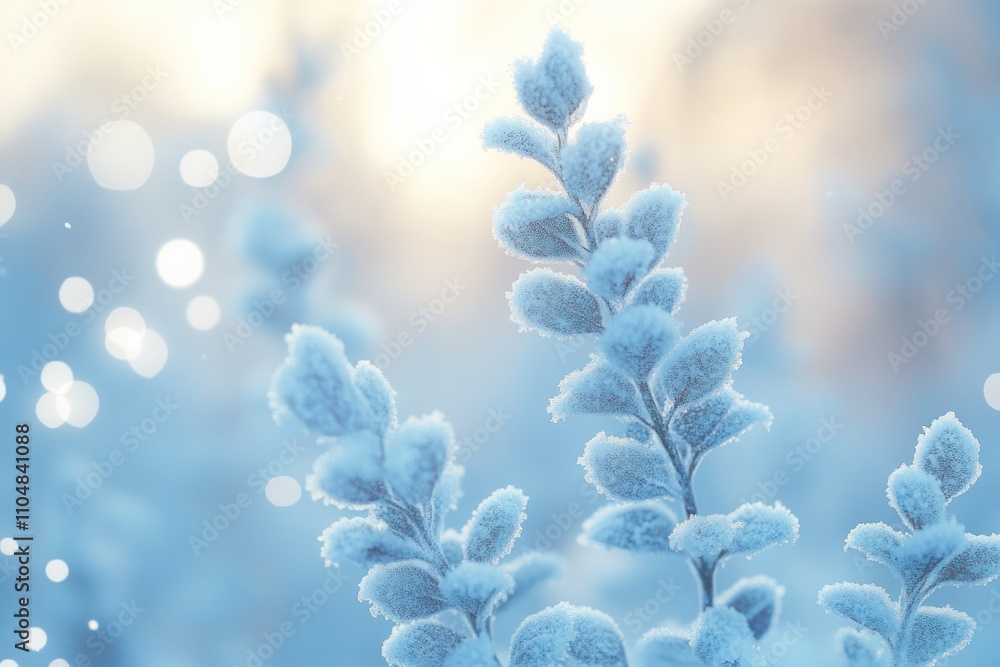 Poster close up of frost-covered leaves against a soft-focus background with bokeh.