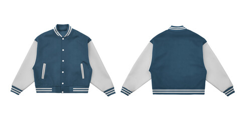 Front and back mockup of a vintage varsity jacket. The jacket includes striped ribbed cuffs, hem,...