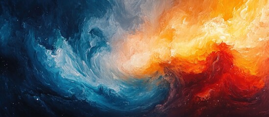 Abstract painting of swirling blue and orange colors.