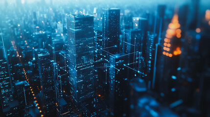 Obraz premium Smart digital city with connection cyber security network reciprocity over the twilight cityscape.future wireless digital city and social media networking systems that connects people within the city