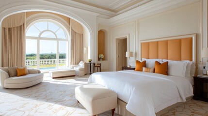 Elegant and Spacious Bedroom Featuring Luxurious Decor, Large Windows with Scenic Views, Comfortable Furniture, and Soft Color Palette for a Warm Atmosphere