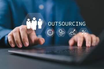 Outsourcing concept, Human resources and global recruitment. Businessman use laptop with...
