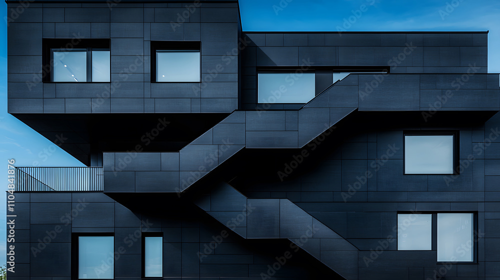 Poster A modern, angular black building with geometric shapes and multiple windows, featuring an interesting staircase design
