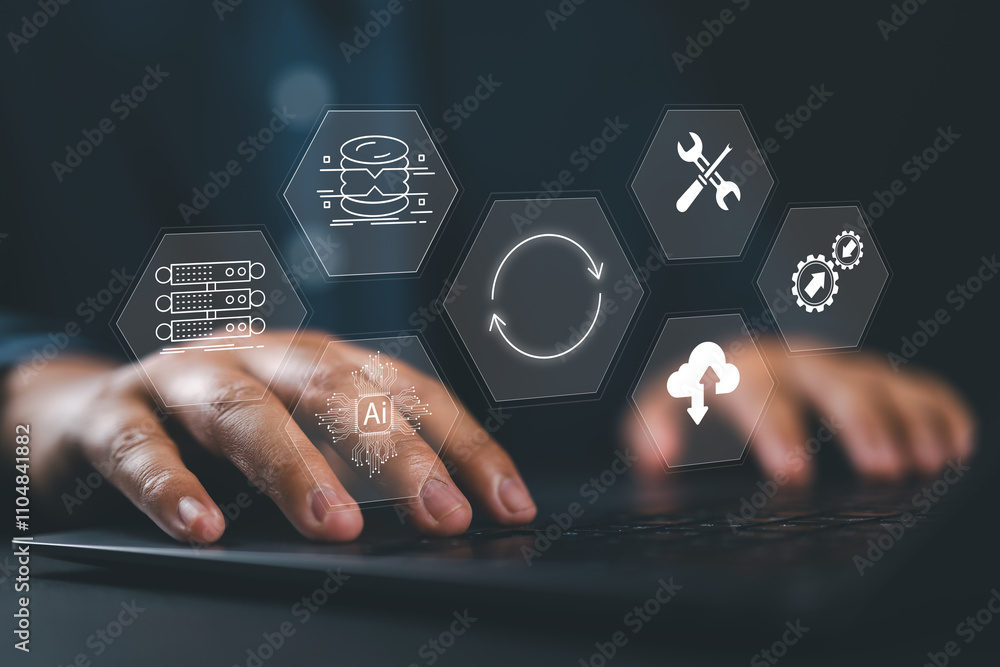 Poster Installing update process, improved functionality in the new version and improved security for software update or operating system upgrade concept.