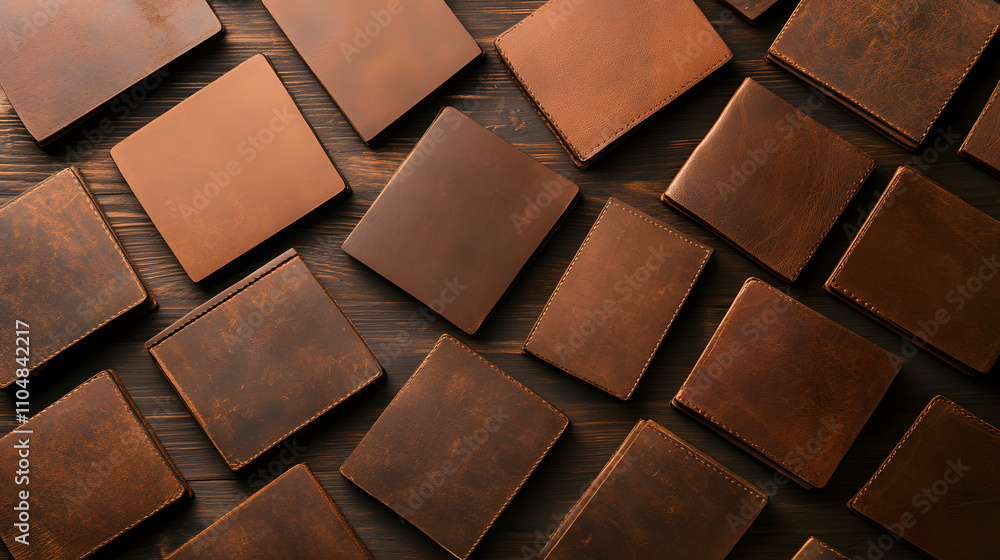 Poster aerial view of assorted brown leather squares arranged on a wooden surface, showcasing texture and c