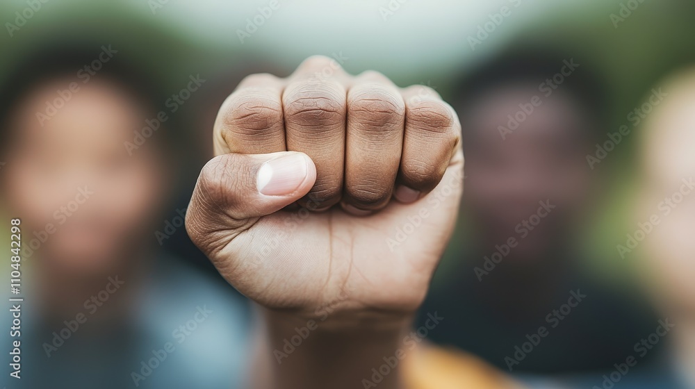 Poster unity strength teamwork close up of a fist with blurred people in background