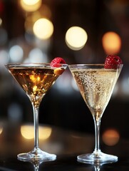 Martini and Champagne Cocktails: A Luxurious Toast - Elegant martini and champagne cocktails garnished with raspberries, perfect for celebrations and sophisticated events. Symbolizing luxury, celebrat