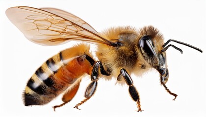 Stunning bee is flying isolated white background 
