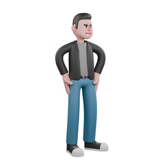 Creative 3D Model.  A male screenwriter stands leaning to the left with both hands on his hips, expression smiling widely. Screenwriter Model