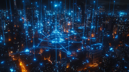 Fototapeta premium Smart digital city with connection cyber security network reciprocity over the twilight cityscape.future wireless digital city and social media networking systems that connects people within the city