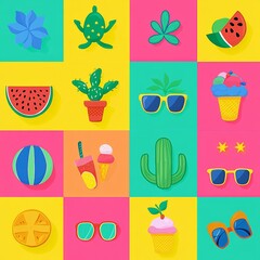 Summer Icons Geometric Background for Fun Holiday Illustration and Vacation Party Promotion