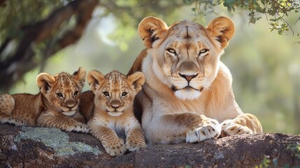 Majestic Lioness with Two Playful Cubs Resting on a Log in a Serene Natural Habitat Surrounded by Lush Greenery Under a Soft Sunlight Glow