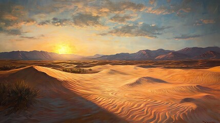 Naklejka premium A dramatic painting of a desert with rippling dunes and soft shadows created by the setting sun. 