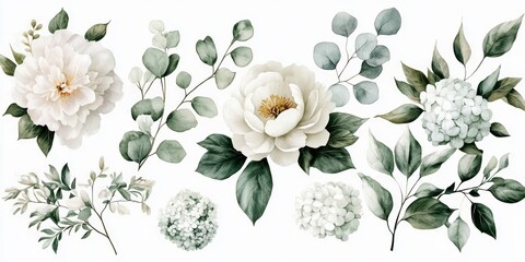 Watercolor White Flowers Green Leaves Illustration Collection Peony Eucalyptus Hydrangea for Bouquets Wreaths Weddings Birthdays