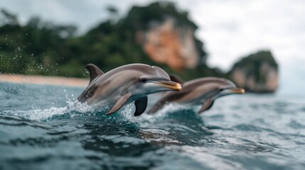 Two Dolphins Leaping Ocean Waves Tropical Paradise Wildlife Photography