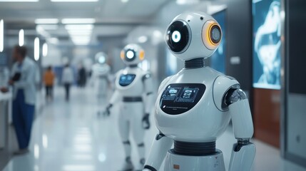 Robots in a futuristic hospital corridor, assisting medical staff and enhancing healthcare.