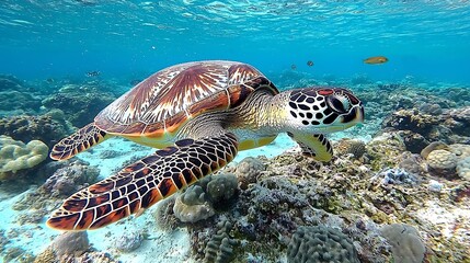 Obraz premium Diving turtle swimming in coral reef underwater environment ocean life nature photography