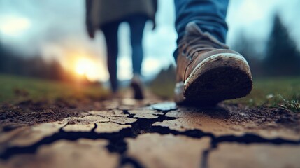 Couple Walking Sunset Trail Cracked Earth Muddy Boots