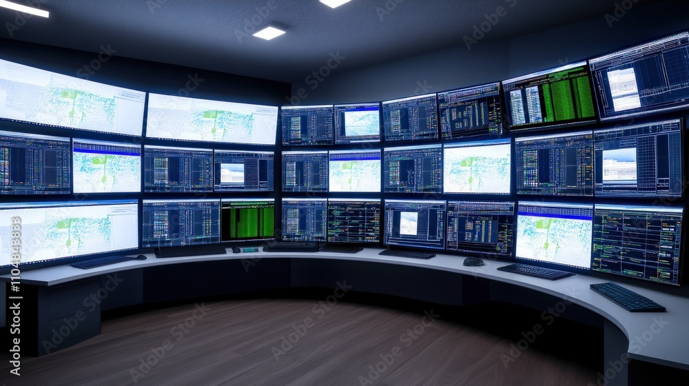 Poster High-tech control room data monitoring digital display modern environment wide angle view