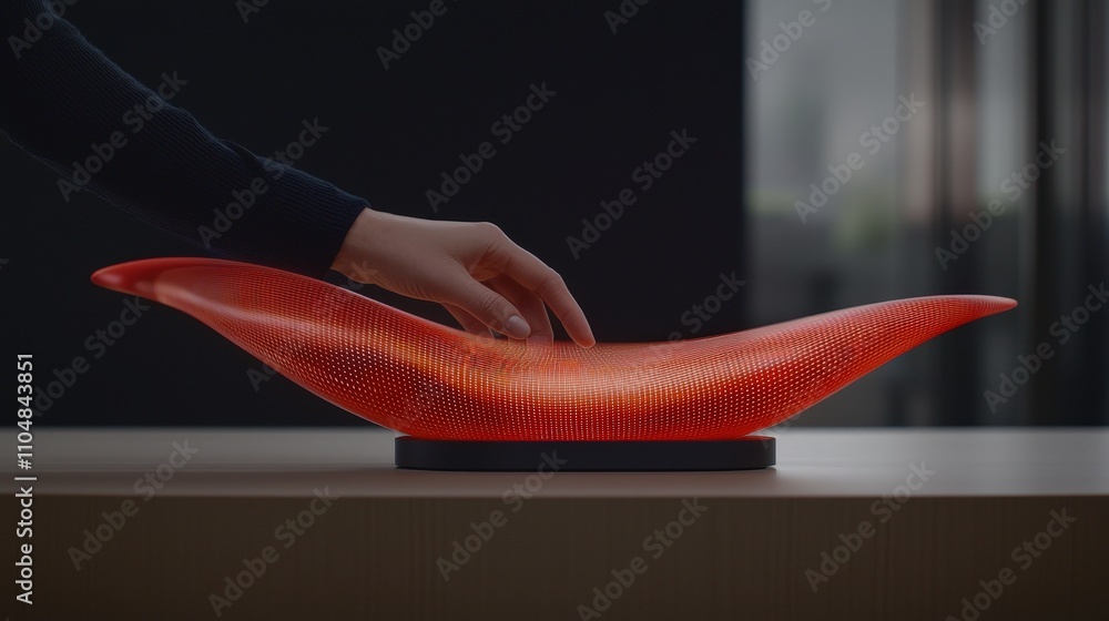 Poster futuristic hologram interface hand interacting with glowing red digital display