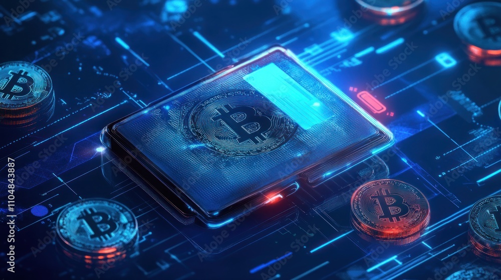 Poster bitcoin cryptocurrency displayed on a smartphone screen, surrounded by digital coins on a circuit bo