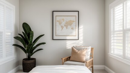 Cozy minimalist bedroom with map art and plants bright natural lighting modern design