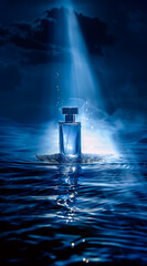 A luxury perfume bottle on an elegant surface, surrounded by an atmosphere of wealth. Perfume advertising theme for luxury brands with copy space for logo and text.