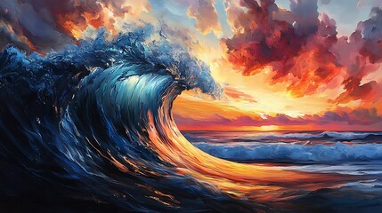 A dramatic seascape showing powerful waves under a colorful sunset sky, capturing the energy of the ocean. 