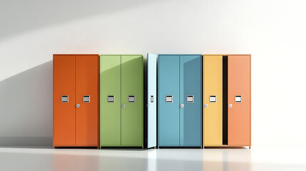 A row of colorful lockers with one of them open