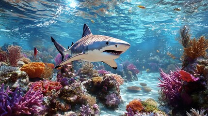 Fototapeta premium Shark swimming in vibrant coral reefs an underwater paradise of marine life
