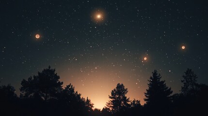 Naklejka premium A serene night sky filled with stars and celestial bodies above silhouetted trees.