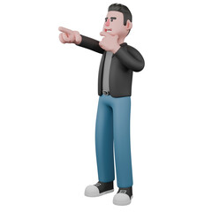 Professional Screenwriter Cartoon Design . A male screenwriter stands with his right hand pointing in a certain direction and his index finger and thumb on his chin. 3D Artistic Model