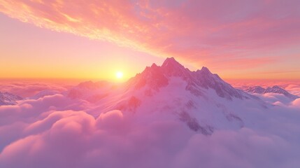 A serene mountain peak rises above soft clouds at sunrise, bathed in warm pastel colors.