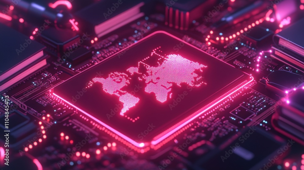 Poster Close-up of abstract neon digital circuit board design with world map technology