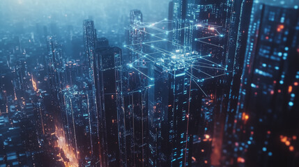 Fototapeta premium Smart digital city with connection cyber security network reciprocity over the twilight cityscape.future wireless digital city and social media networking systems that connects people within the city