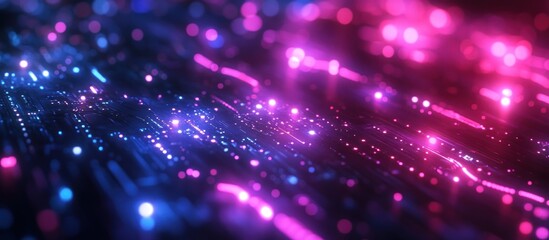 Obraz premium Abstract pink and blue glowing lines and bokeh lights on black background.