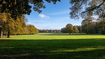 Obraz premium A peaceful scene featuring a meadow bordered by trees, with a clear blue sky overhead. 