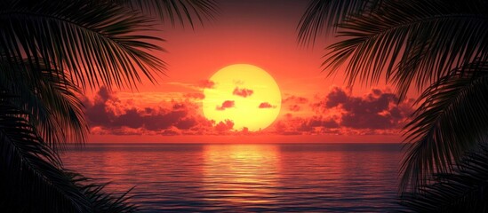 Tropical sunset with palm trees framing the fiery sky and the ocean reflecting the golden sun.