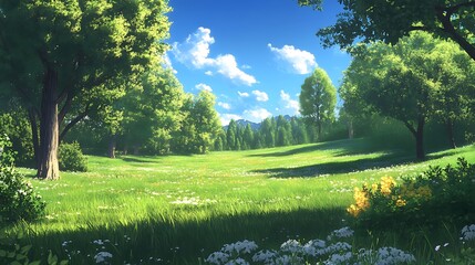 Naklejka premium A peaceful scene featuring a meadow bordered by trees, with a clear blue sky overhead. 