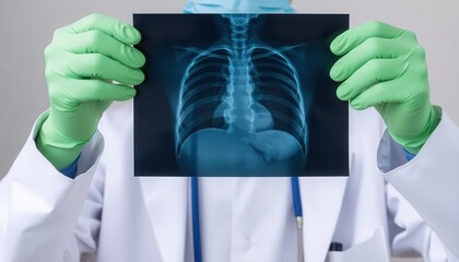 a doctor wearing green gloves holding up a chest X-ray