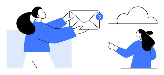Woman with dark hair holding a large email envelope with a notification, pointing towards a cloud. Ideal for digital communication, email services, cloud storage, notifications, teamwork. Minimalist